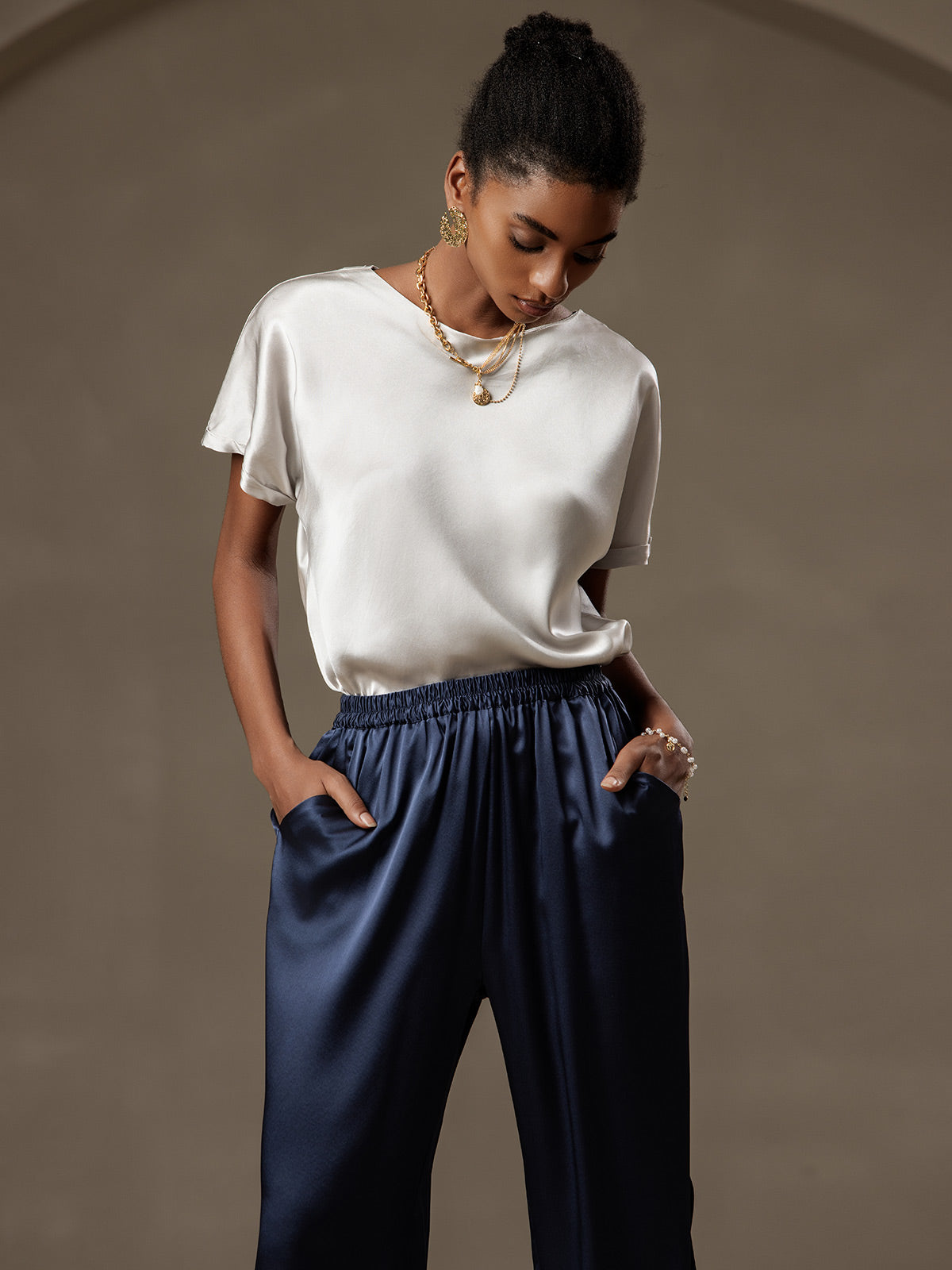 [Grigio Chiaro] SilkSilky-IT 19Momme Seta Womens T-Shirt 005,