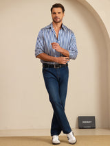 [Righe Navy] SilkSilky-IT 19Momme Manica lunga Colletto con Revers Camicia da uomo 008