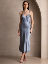 [Blu Grigiastro] SilkSilky-IT Sleeveless V Neck Vestiti da donna 005