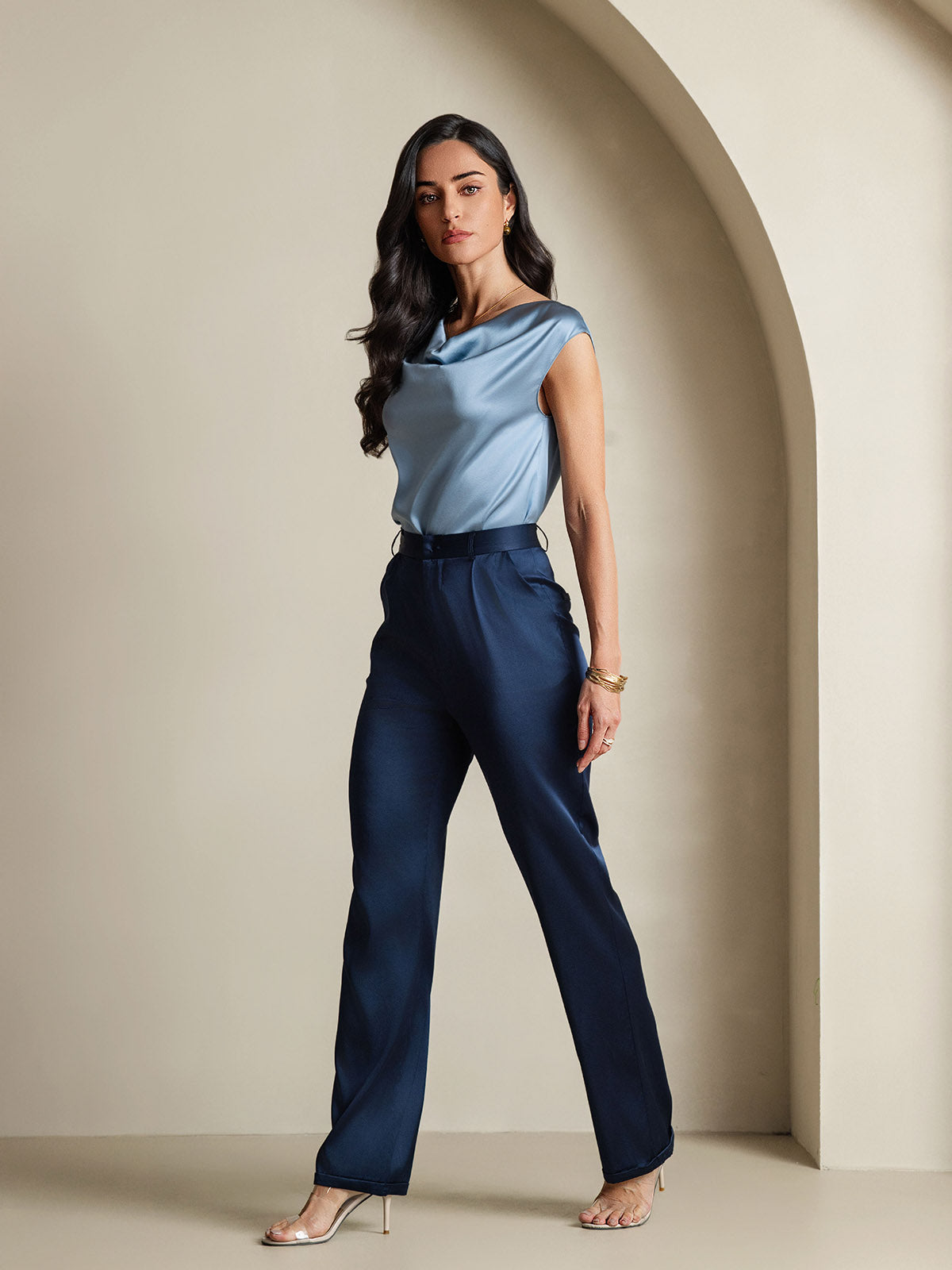 [Blu Grigiastro] SilkSilky-IT 19Momme Seta Senza maniche Collo drappeggiato Magliette donna 008