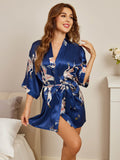 SilkSilky-IT 19Momme Seta pura A tre quarti Scollo a V profondo Vestaglia da donna BluAcuro 006