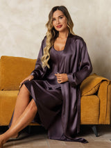 [Grigio Porpora] SilkSilky-IT Manica lunga Scollo a V Set camicia e vestaglia 008