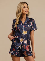 [Floreale Blu Navy] SilkSilky-IT Maniche Corte Collo a Taglio Pigiami da donna 006
