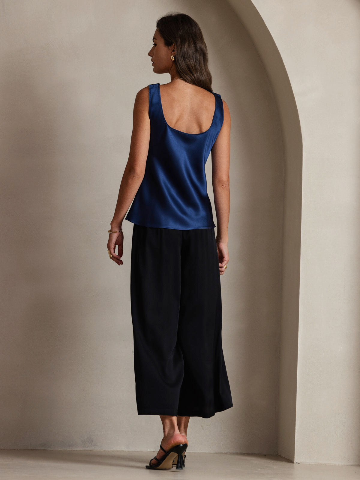 [Blu Scuro] SilkSilky-IT 19Momme Seta Collo a U Cami 002