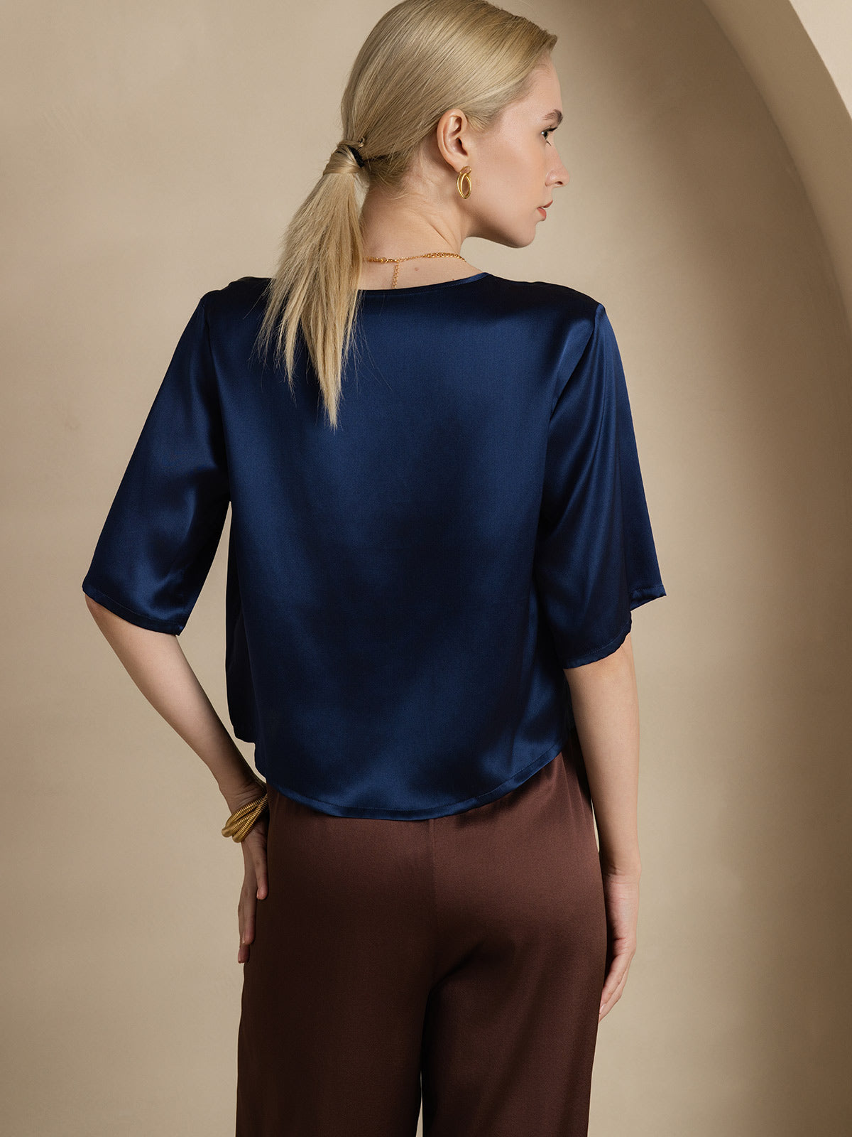 [Blu Scuro] SilkSilky-IT Seta pura Womens T-Shirt 002