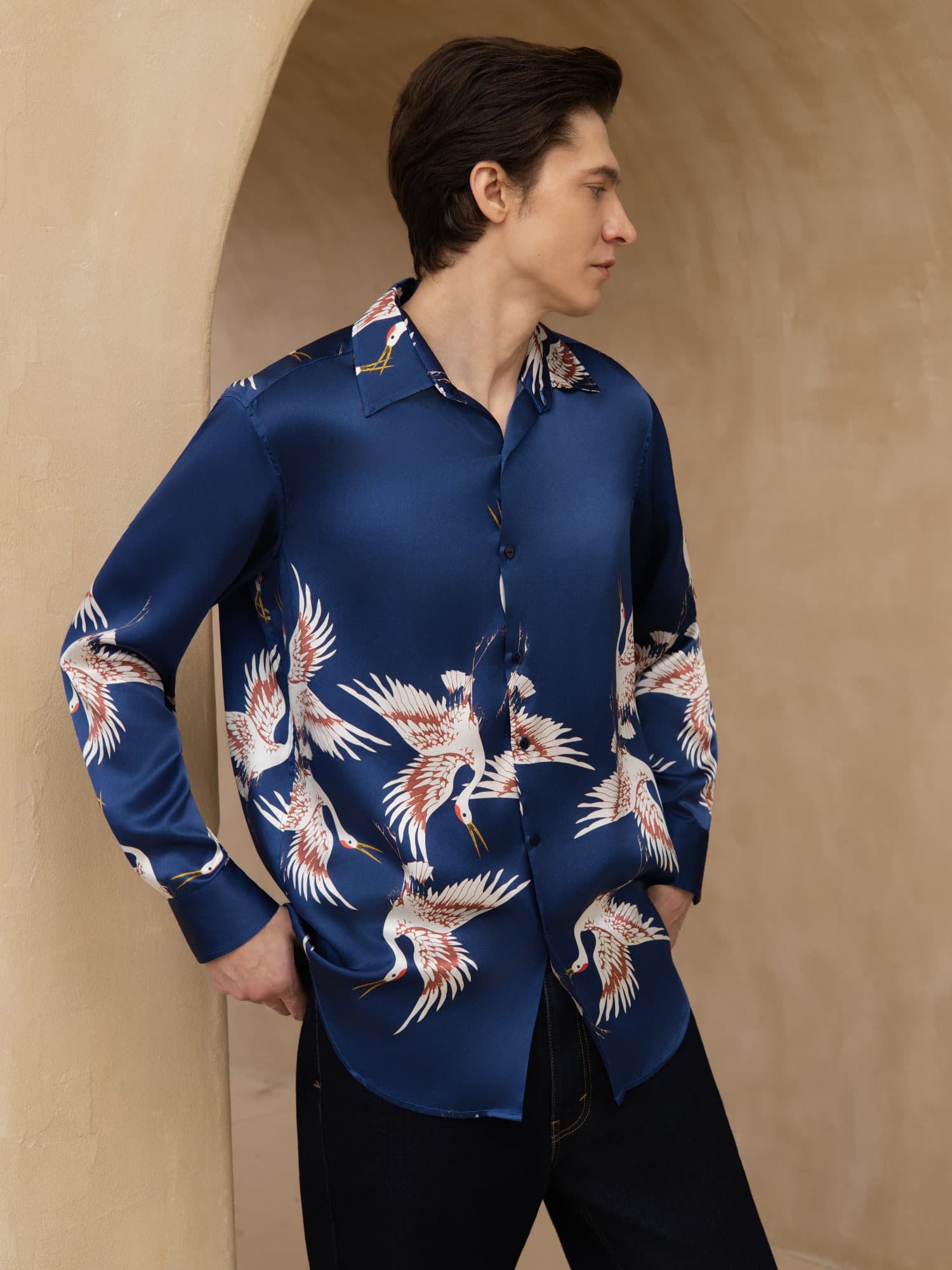 [Blu Scuro] SilkSilky-IT 19Momme Manica lunga Colletto con Revers Camicia da uomo 001