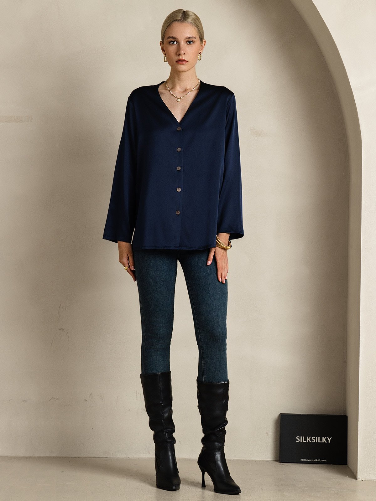 [Blu Scuro] SilkSilky-IT 19Momme Seta Collo a V Camicie da donna 006
