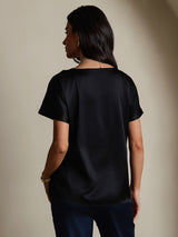 [Nero] SilkSilky-IT 19Momme Maniche Corte Scollo barchetta Magliette donna 002