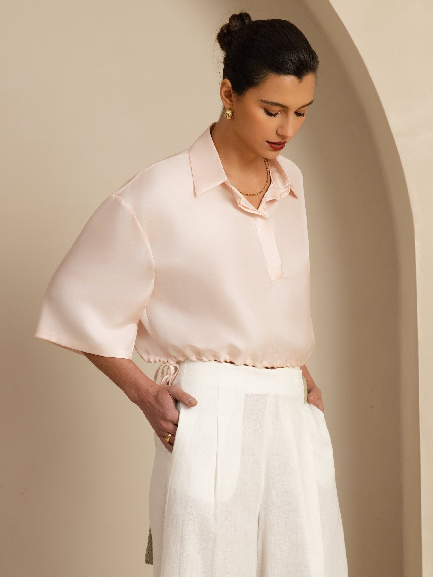 [Rosa] SilkSilky-IT 18Momme Manga media Colletto con Revers Camicette 005