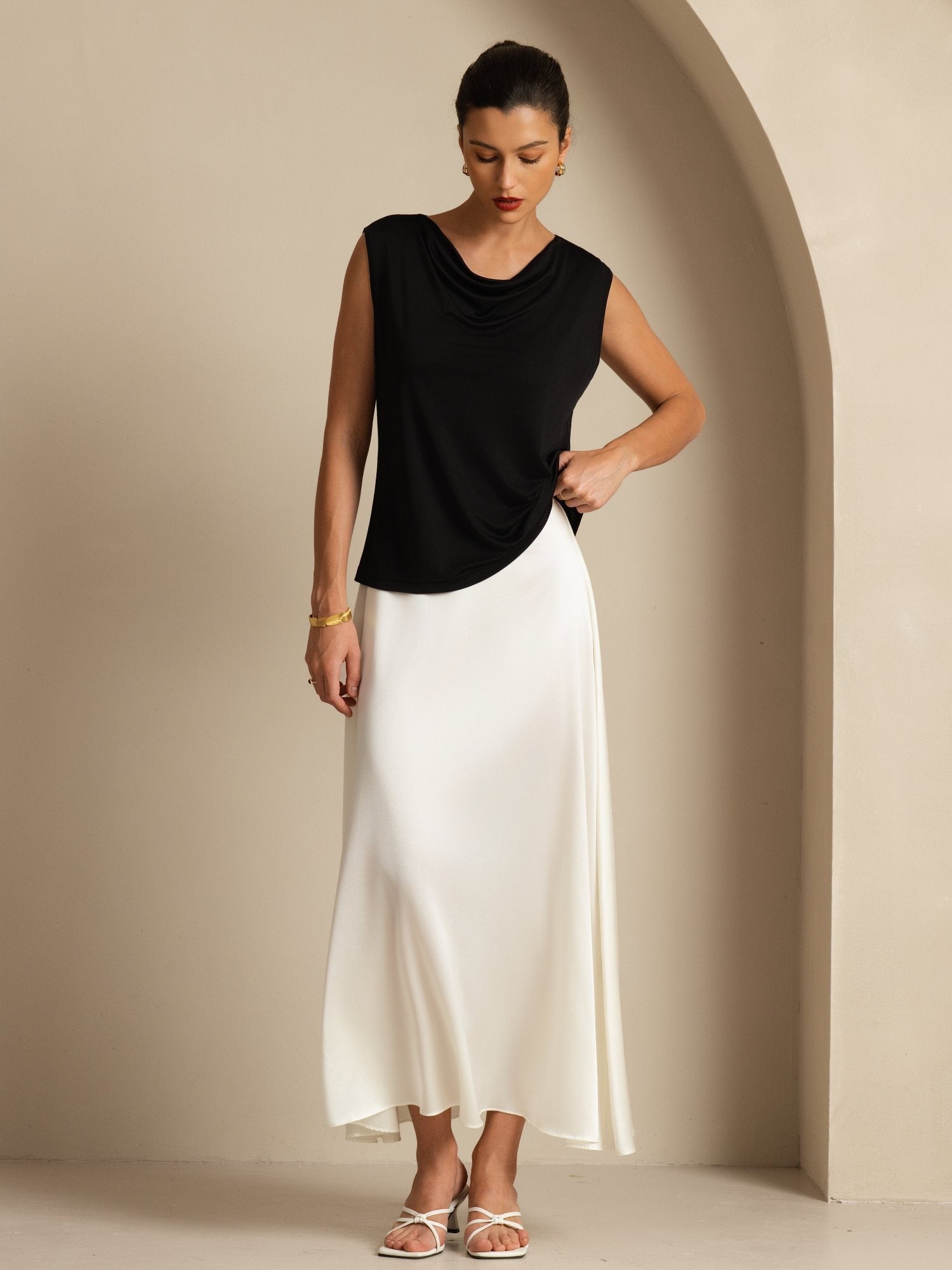 [Nero] SilkSilky-IT Senza maniche Collo drappeggiato Magliette donna 008