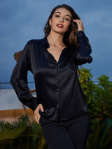 [Nero] SilkSilky-IT Long Sleeve Lapel Collar Camicie da donna 005