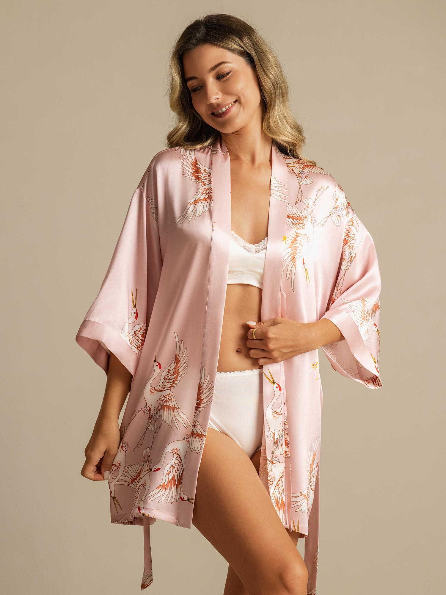 [Rosa] SilkSilky-IT Seta pura Scollo a V profondo Vestaglia da donna 003