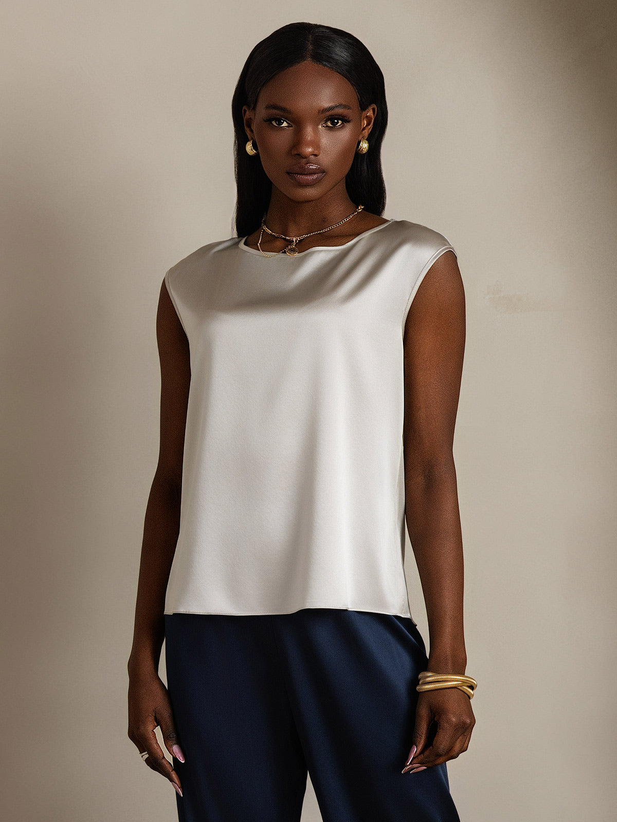 [Grigio Chiaro] SilkSilky-IT 19Momme Seta Womens T-Shirt 001