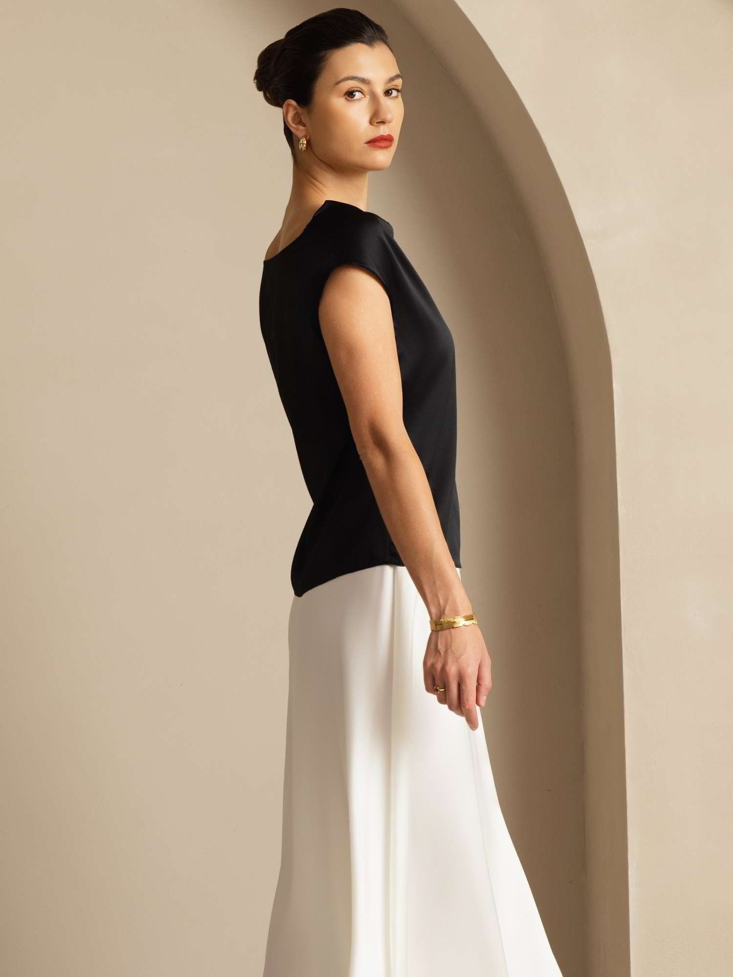 [Nero] SilkSilky-IT 19Momme Seta Senza maniche Collo drappeggiato Magliette donna 002