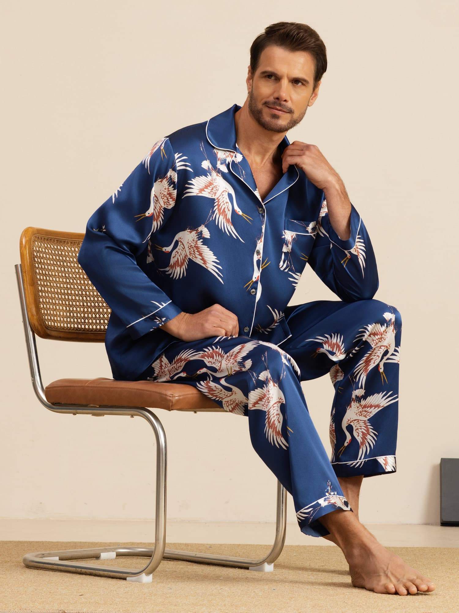 [Blu Scuro] SilkSilky-IT 19Momme Manica lunga Collo a Taglio Pigiami da uomo 001