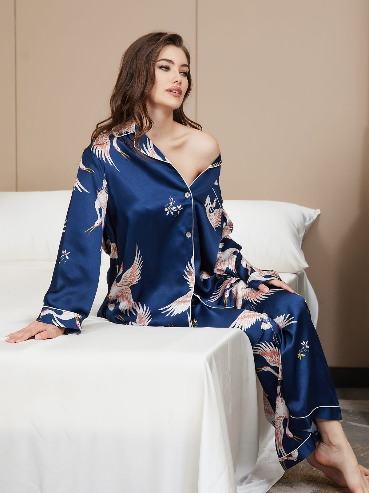 [Blu Scuro] SilkSilky-IT Long Sleeve Lapel Collar Pigiami da donna 002