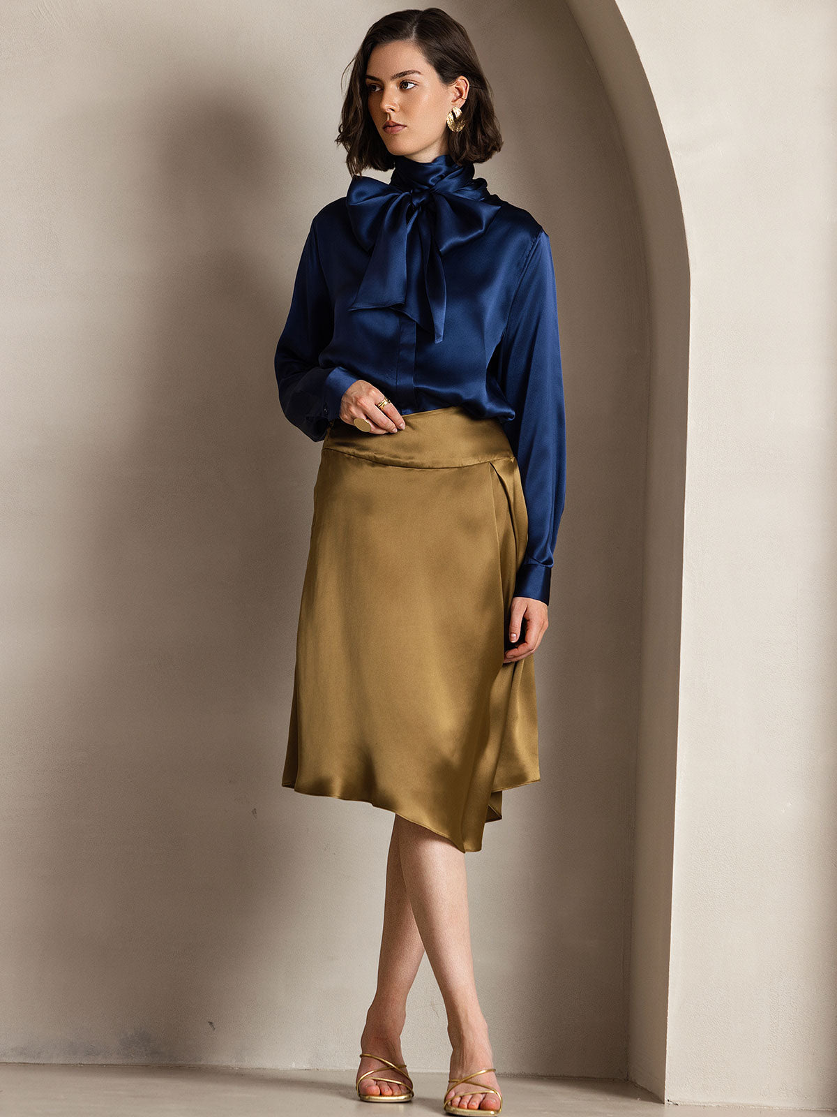 [Blu Scuro] SilkSilky-IT 19Momme Manica lunga Camicette 005