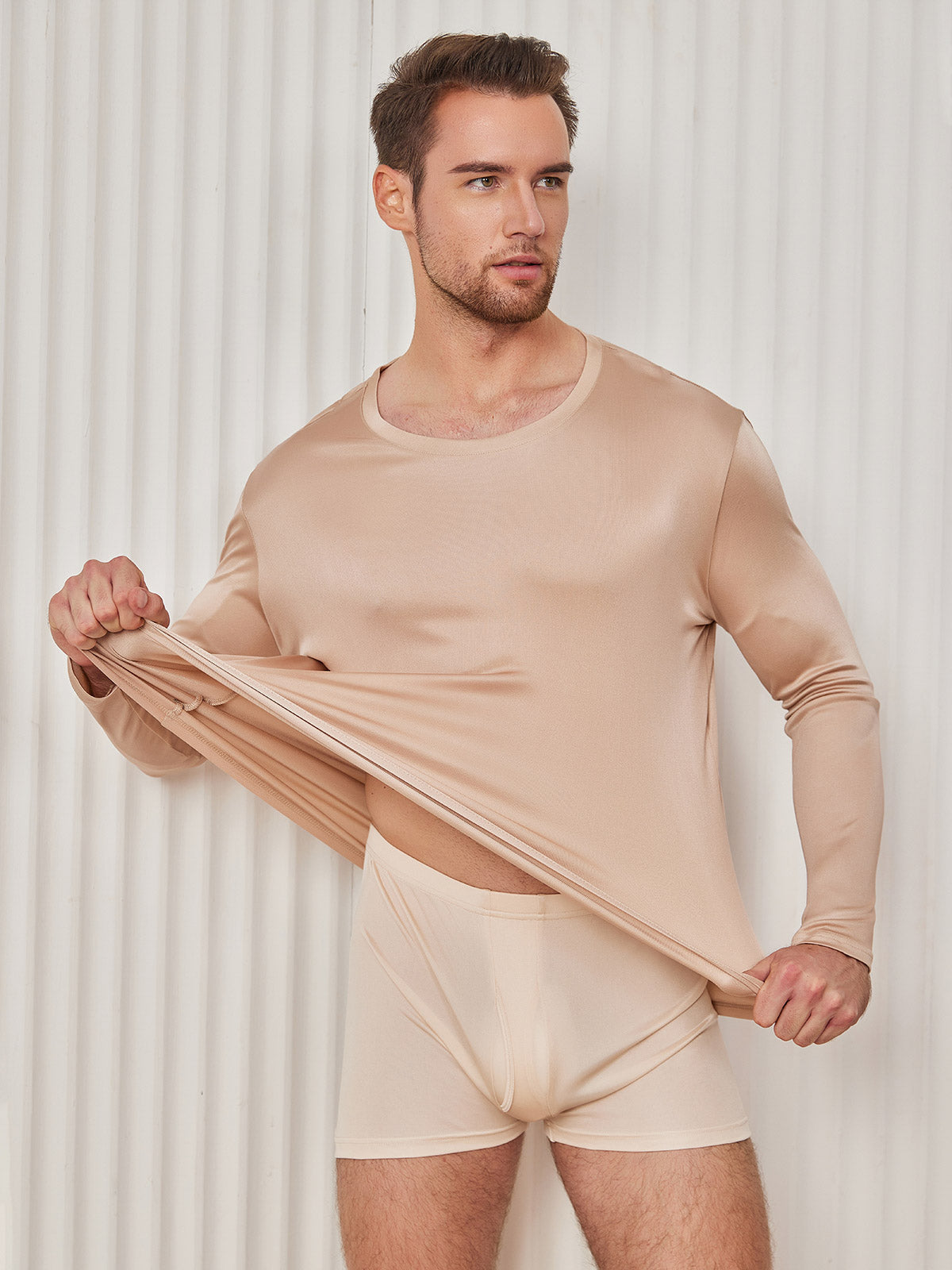 [Beige] SilkSilky-IT Manica lunga Scollo rotondo Maglietta da uomo 002