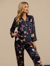 [Floreale Blu Navy] SilkSilky-IT Long Sleeve Lapel Collar Pigiami da donna 005