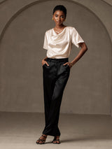 [Beige] SilkSilky-IT Short Sleeve Cowl Neck Bluse 005