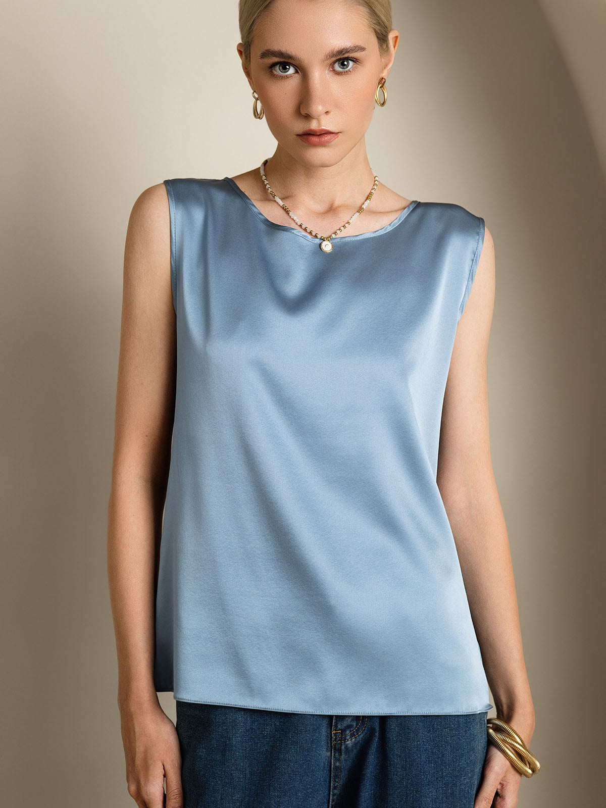 [Blu Grigiastro] SilkSilky-IT 19Momme Seta Camisoles 005