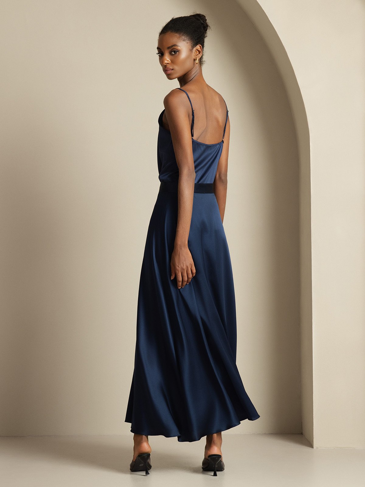 [Blu Scuro] SilkSilky-IT 19Momme Seta Collo drappeggiato Women''s Outfit Sets 002,