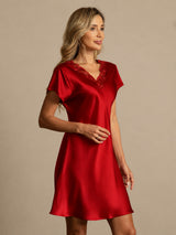 [Rosso Scuro] SilkSilky-IT Short Sleeve V Neck Camicia da notte 007