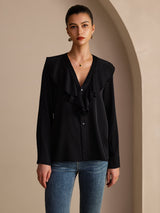 [Nero] SilkSilky-IT Long Sleeve Deep V Neck Bluse 003
