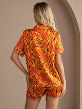 [Cane Arancione] SilkSilky-IT Short Sleeve Lapel Collar Pigiami da donna 002