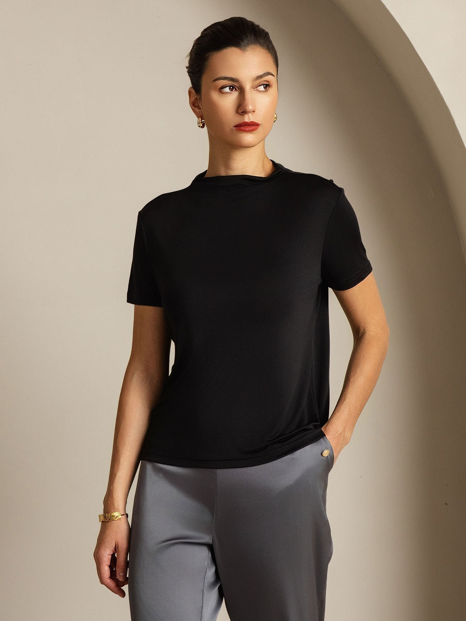 [Nero] SilkSilky-IT Seta pura Colletto risvolto Magliette donna 008