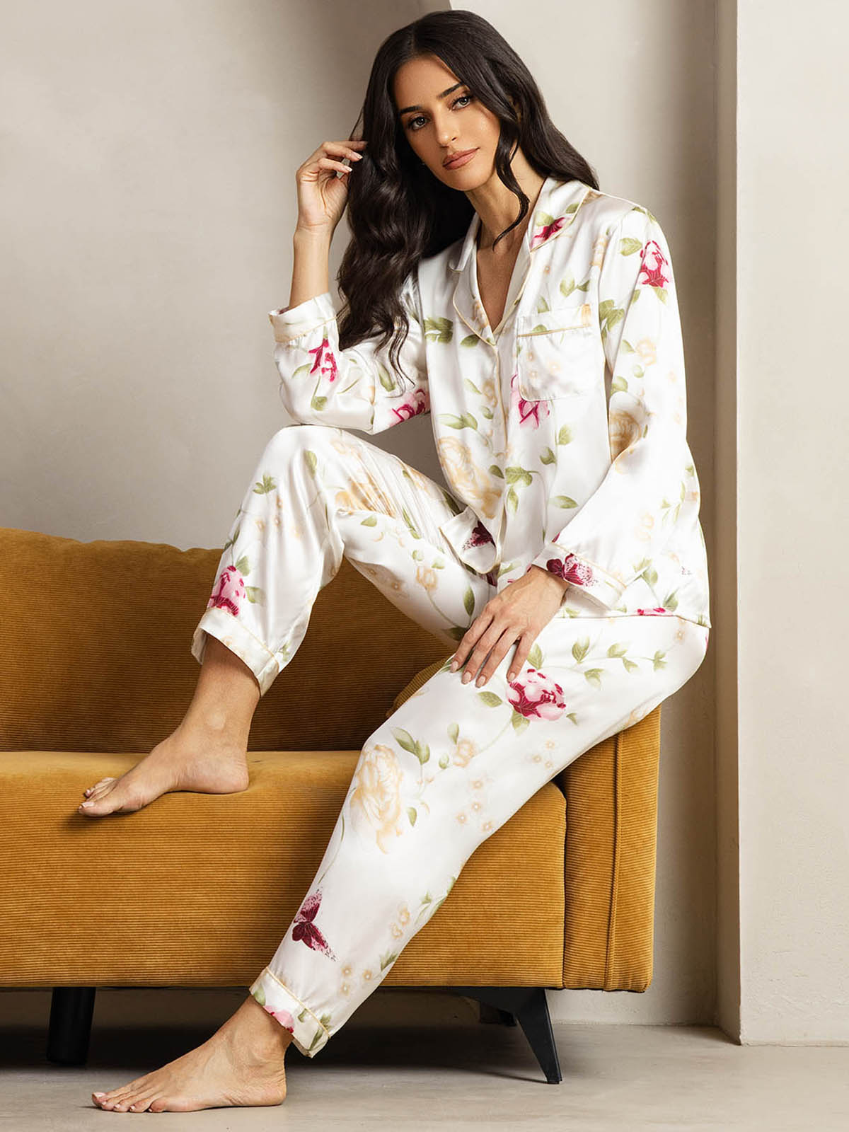 [Fiori Avorio] SilkSilky-IT Seta pura Womens Pajamas 005