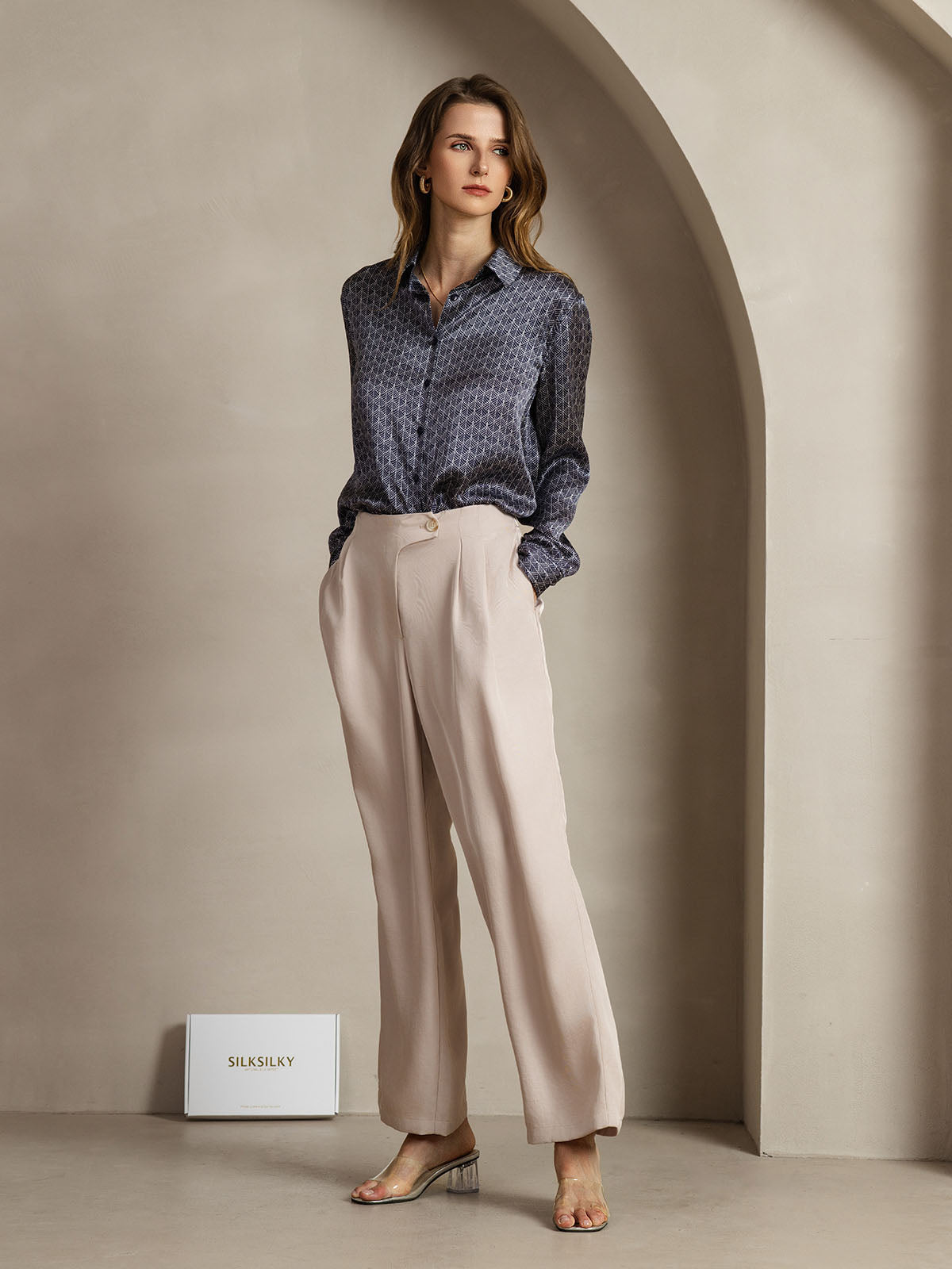 [Ginkgo Blu Navy] SilkSilky-IT Seta Colletto risvolto Camicie da donna 003