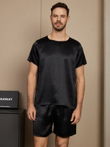 [Nero] SilkSilky-IT Seta pura Maniche Corte Round Neck Pigiami da uomo 001