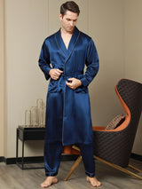 [Blu Scuro] SilkSilky-IT Seta pura Manica lunga Collo risvolto dentellato Vestaglia da uomo 006