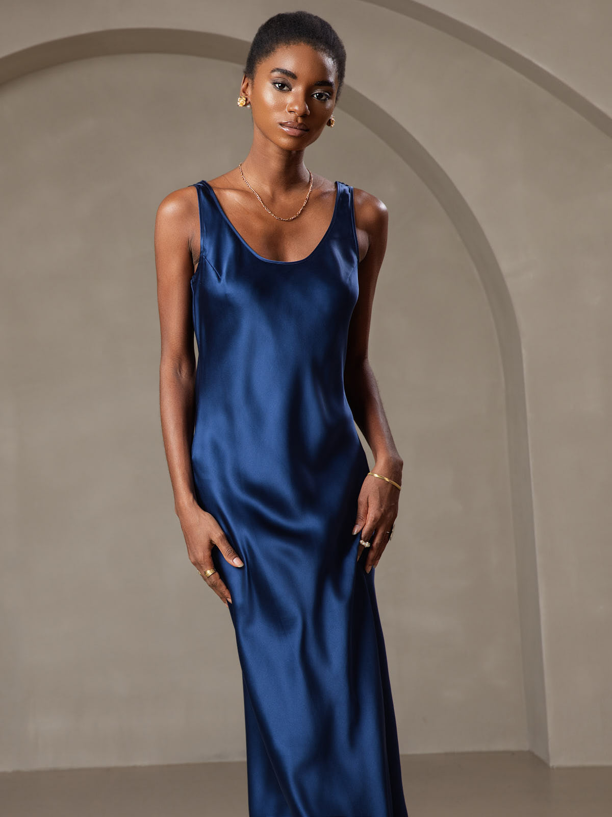 [Blu Scuro] SilkSilky-IT Senza maniche Scollo A Coppa Vestiti da donna 003