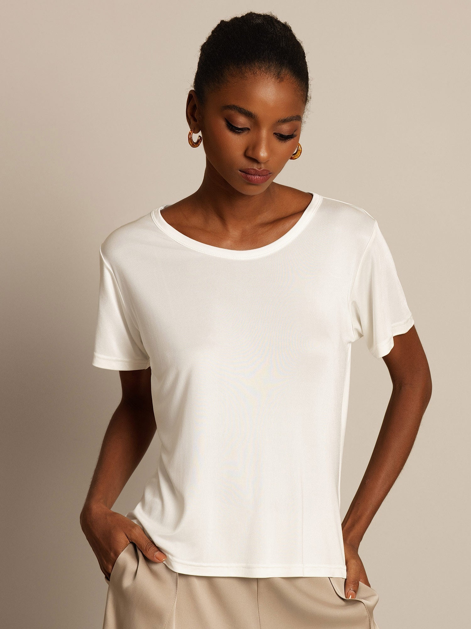 [Bianco] SilkSilky-IT Maniche Corte Scollo rotondo Magliette donna 001