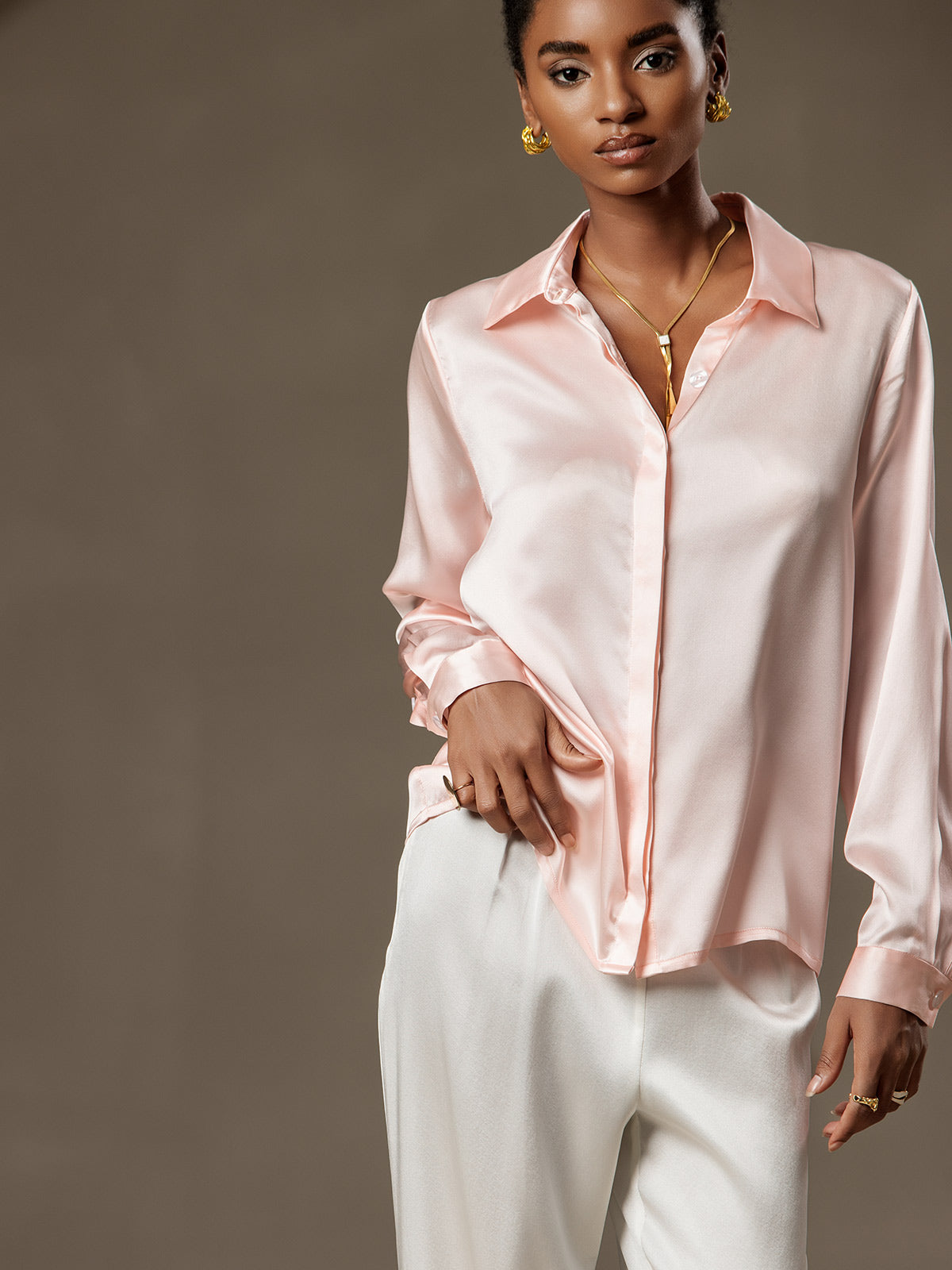 [Rosa] SilkSilky-IT 19Momme Seta Lapel Collar Camicie da donna 003