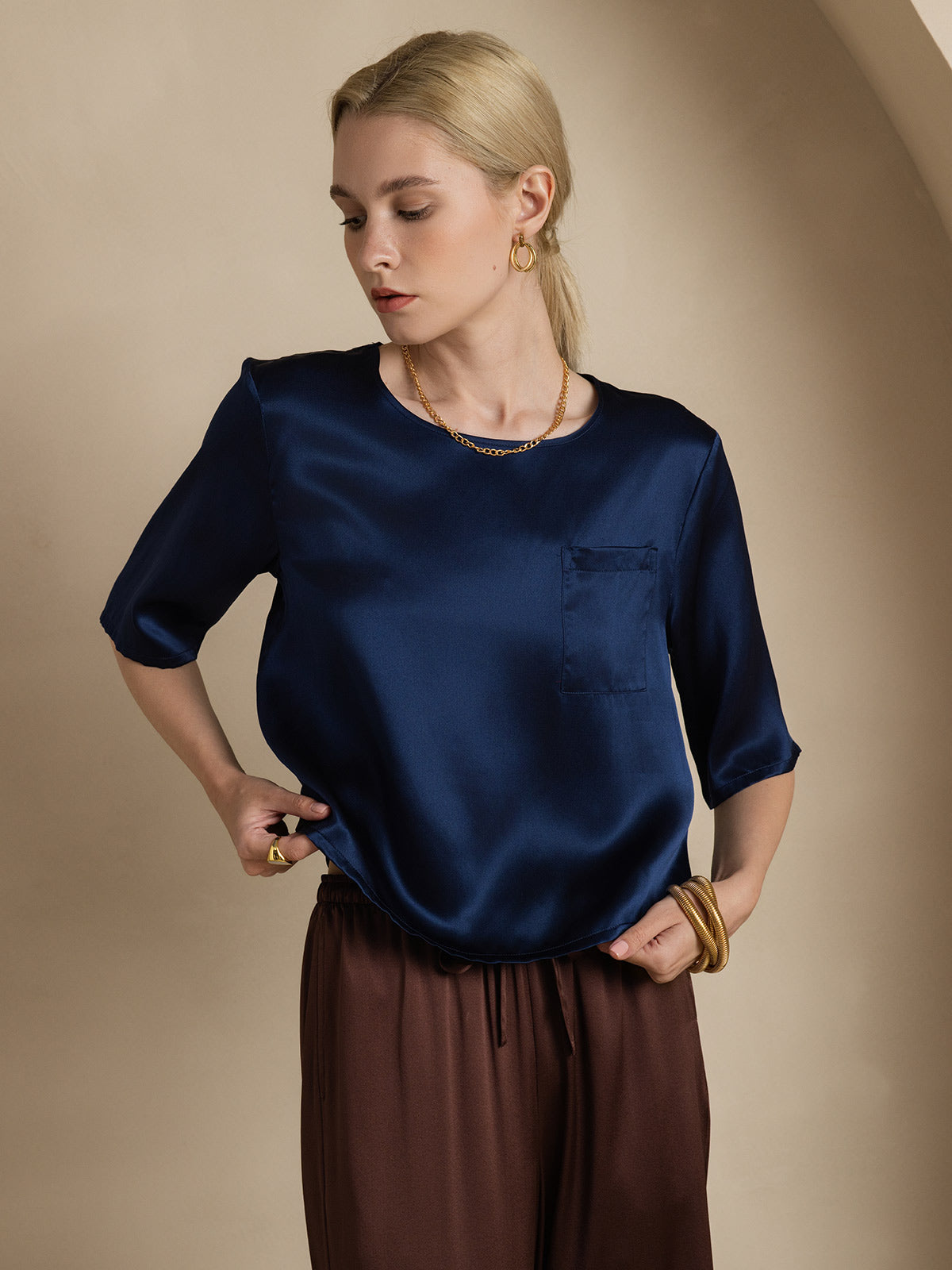 [Blu Scuro] SilkSilky-IT Seta pura Womens T-Shirt 005