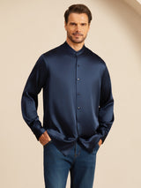 [Blu Scuro] SilkSilky-IT Long Sleeve Stand Collar Camicia da uomo 004