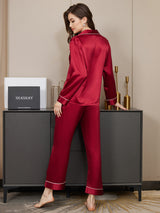 [Rosso Scuro] SilkSilky-IT Long Sleeve Lapel Collar Pigiami da donna 003