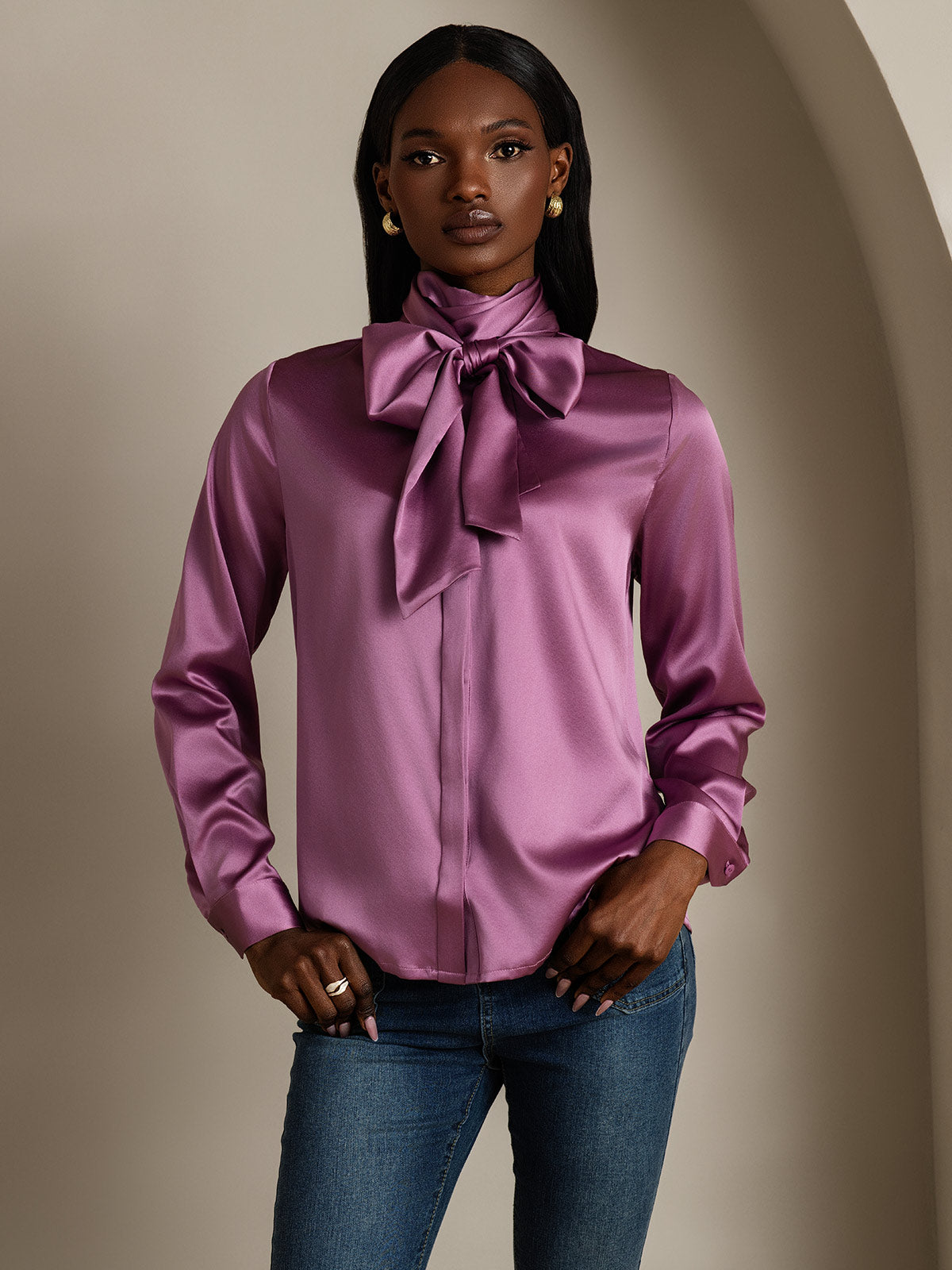 [Viola Scuro] SilkSilky-IT 19Momme Manica lunga Camicette 001