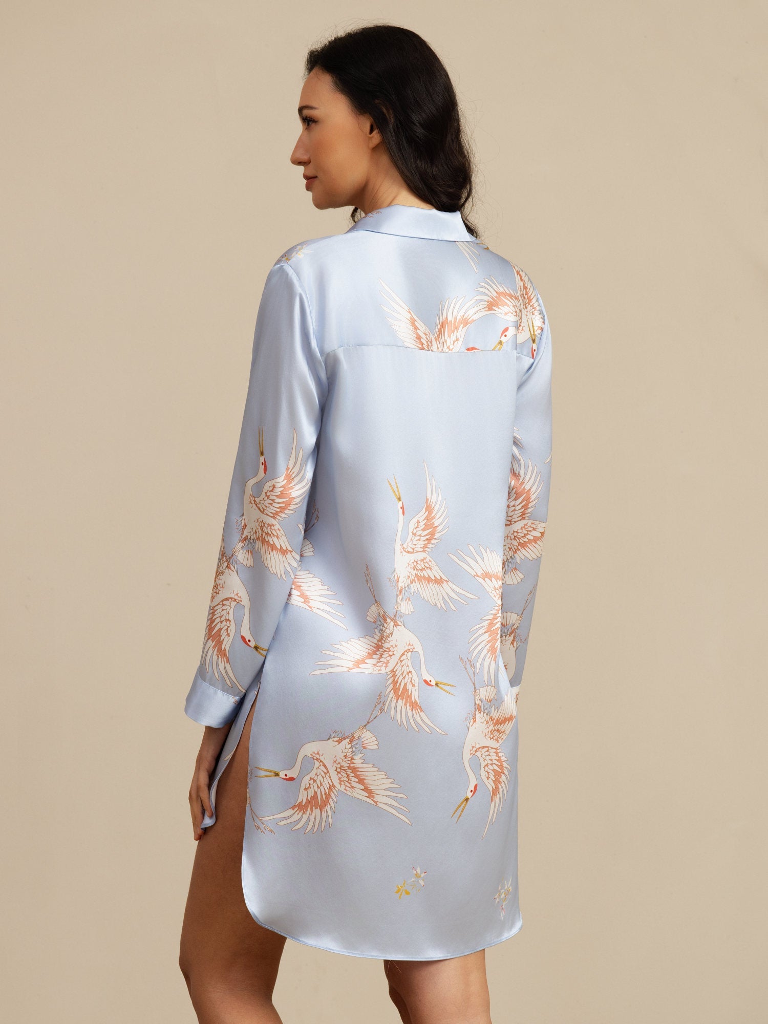 [Azzurro] SilkSilky-IT 19Momme Manica lunga Collo a Taglio Camicia da notte 002