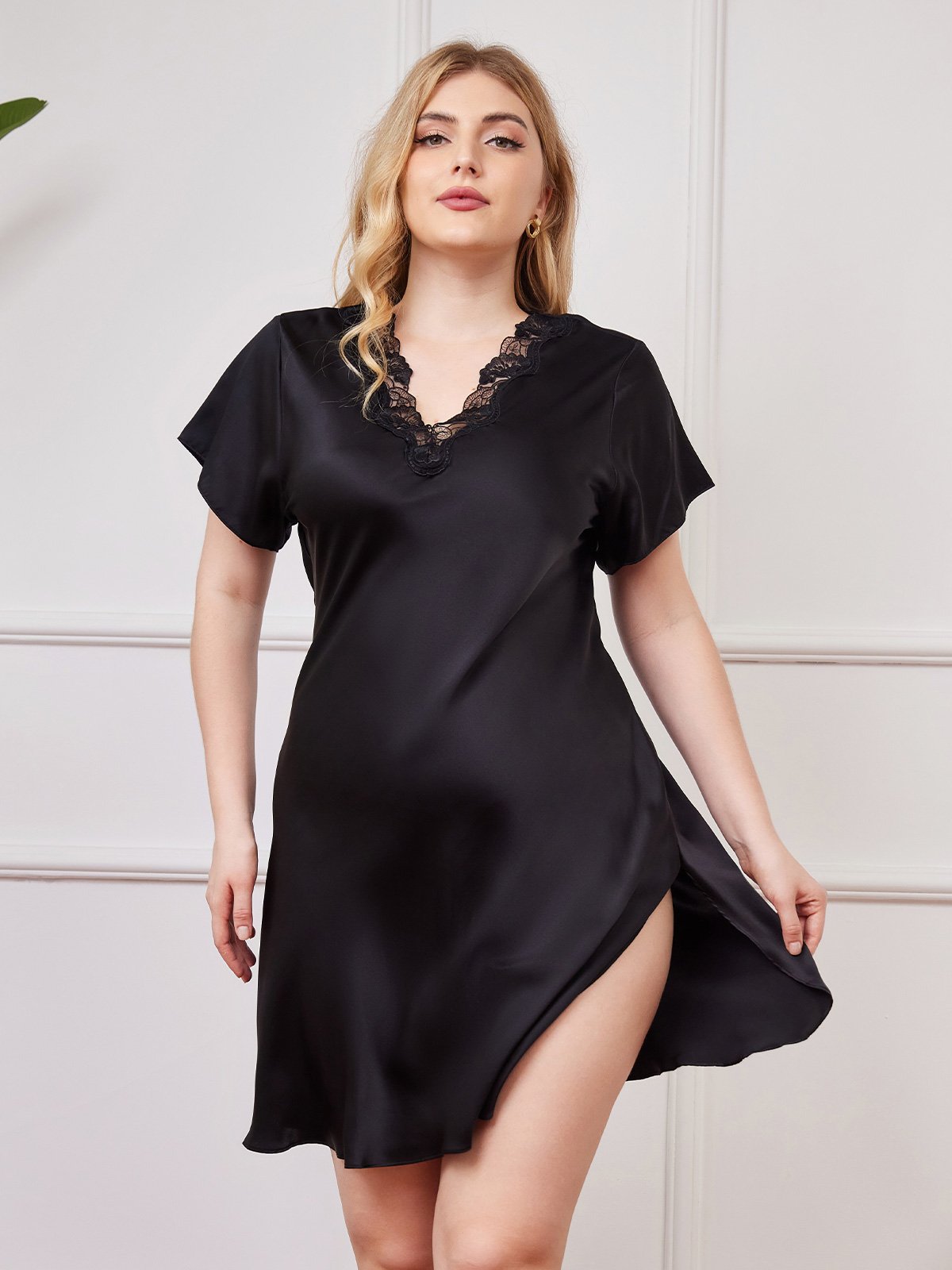 [Nero] SilkSilky-IT Seta pura Maniche Corte Collo a V Camicia da notte taglia grossa 001