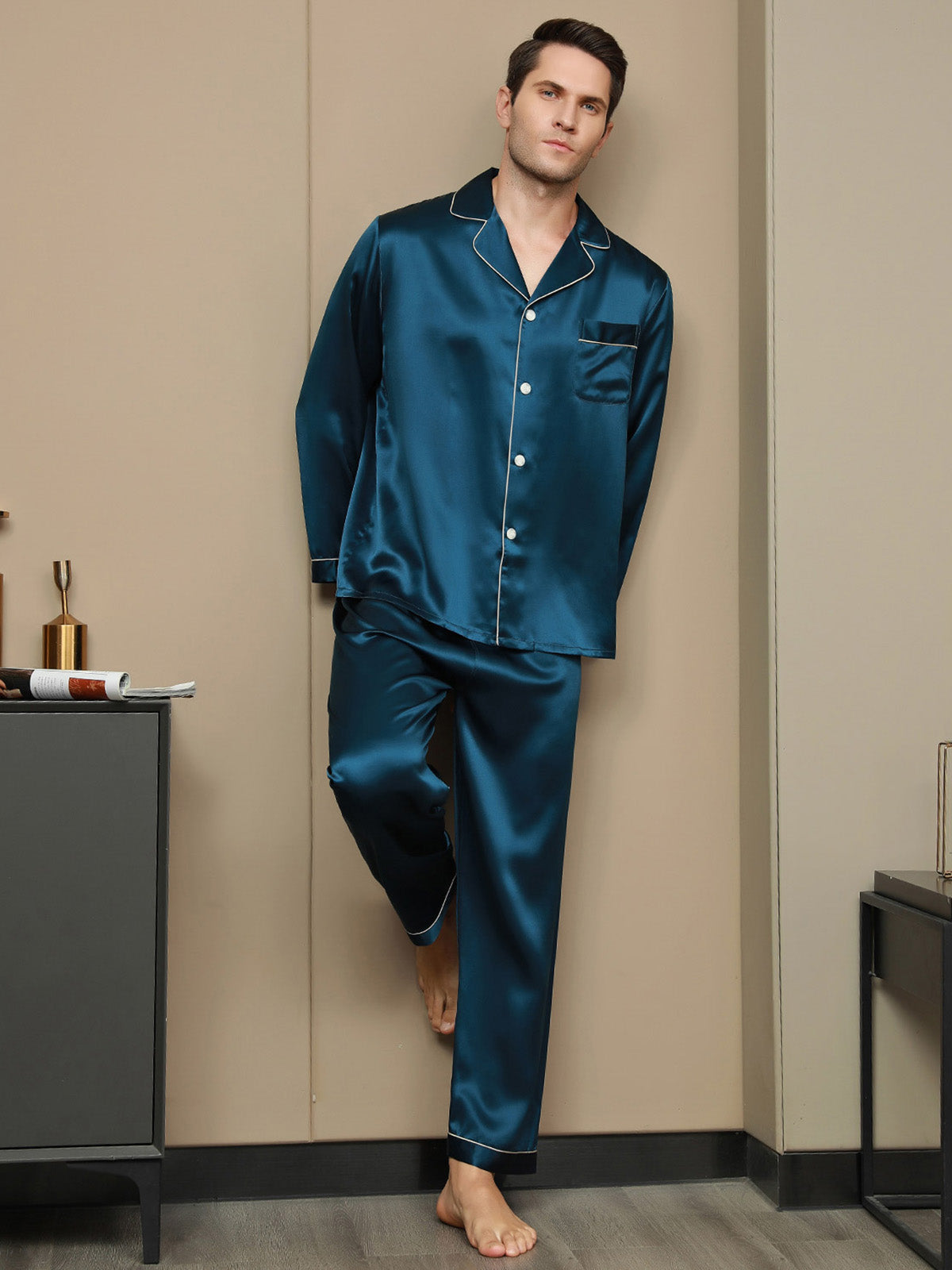 [Verde Acqua] SilkSilky-IT 19Momme Seta pura Mens Pajamas 004