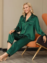 [Verde] SilkSilky-IT Manica lunga Collo a Taglio Pigiami da donna 005