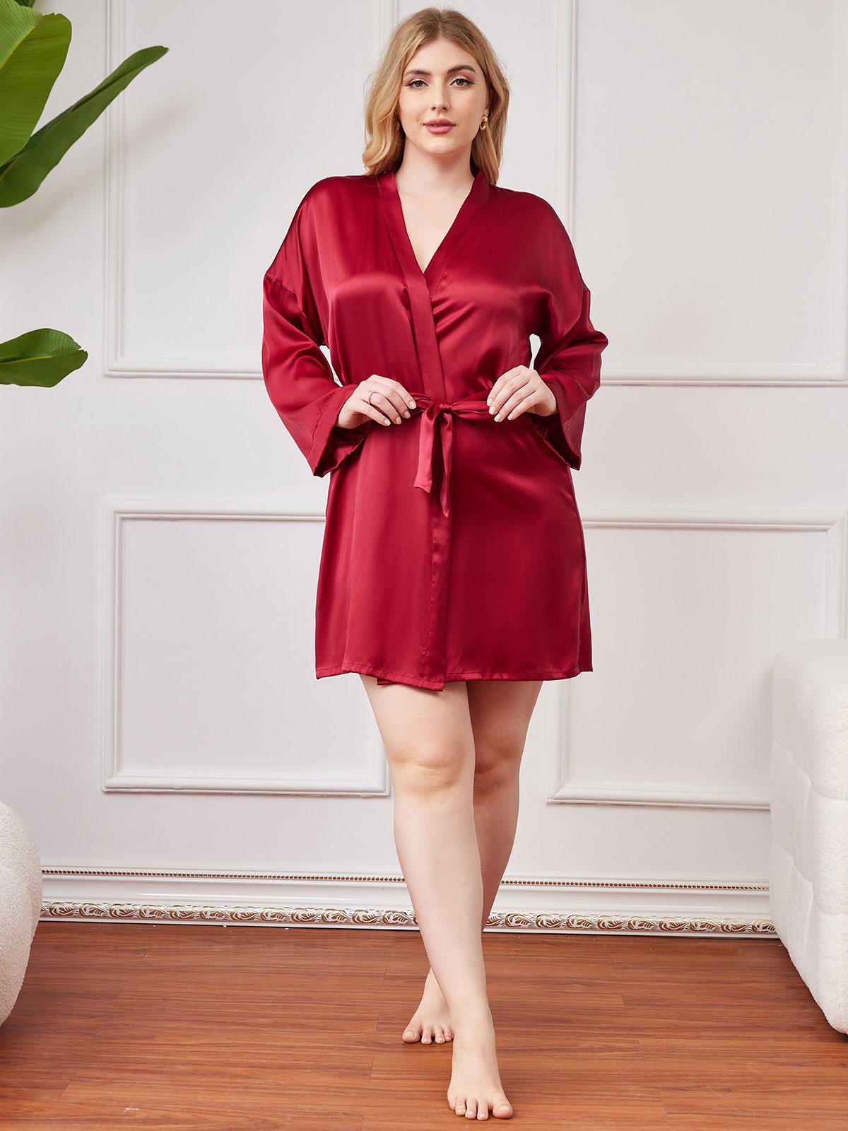 SilkSilky-IT Seta pura Manica lunga Scollo a V profondo Vestaglia da donna taglia grossa Vino 006