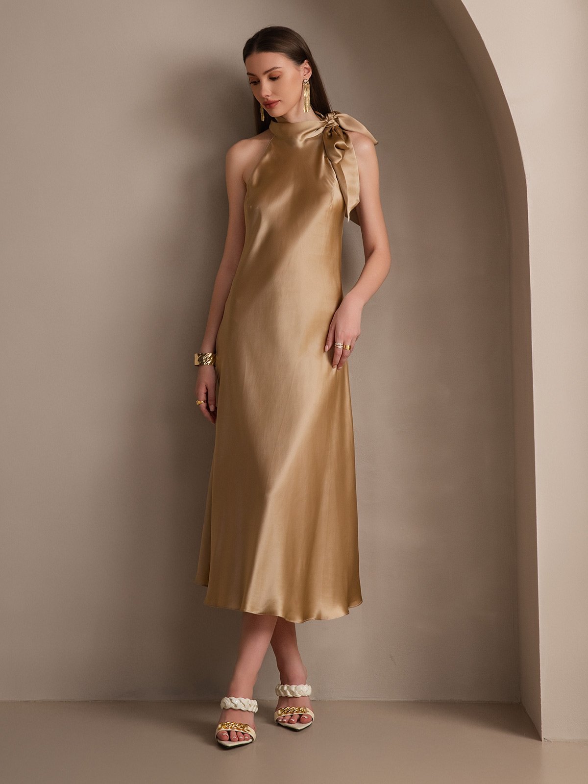 [Champagne] SilkSilky-IT 19Momme Seta Senza maniche Nodo al collo Vestiti da donna 007
