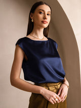 [Blu Scuro] SilkSilky-IT Cap Sleeve Round Neck Magliette donna 003