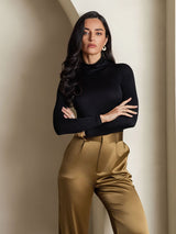 [Nero] SilkSilky-IT Manica lunga Dolcevita Magliette donna 004
