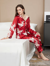 [Rosso Scuro] SilkSilky-IT Long Sleeve Lapel Collar Pigiami da donna 007